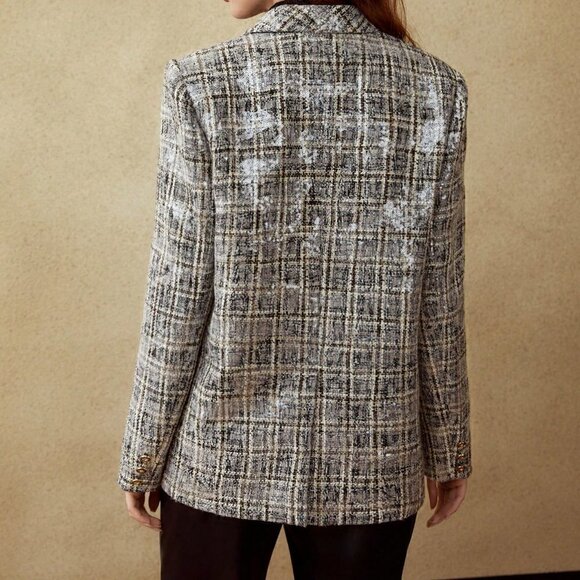MULTICOLOR PREPPY WOMENS PLAID SEQUIN BLAZER - Picture 4 of 8
